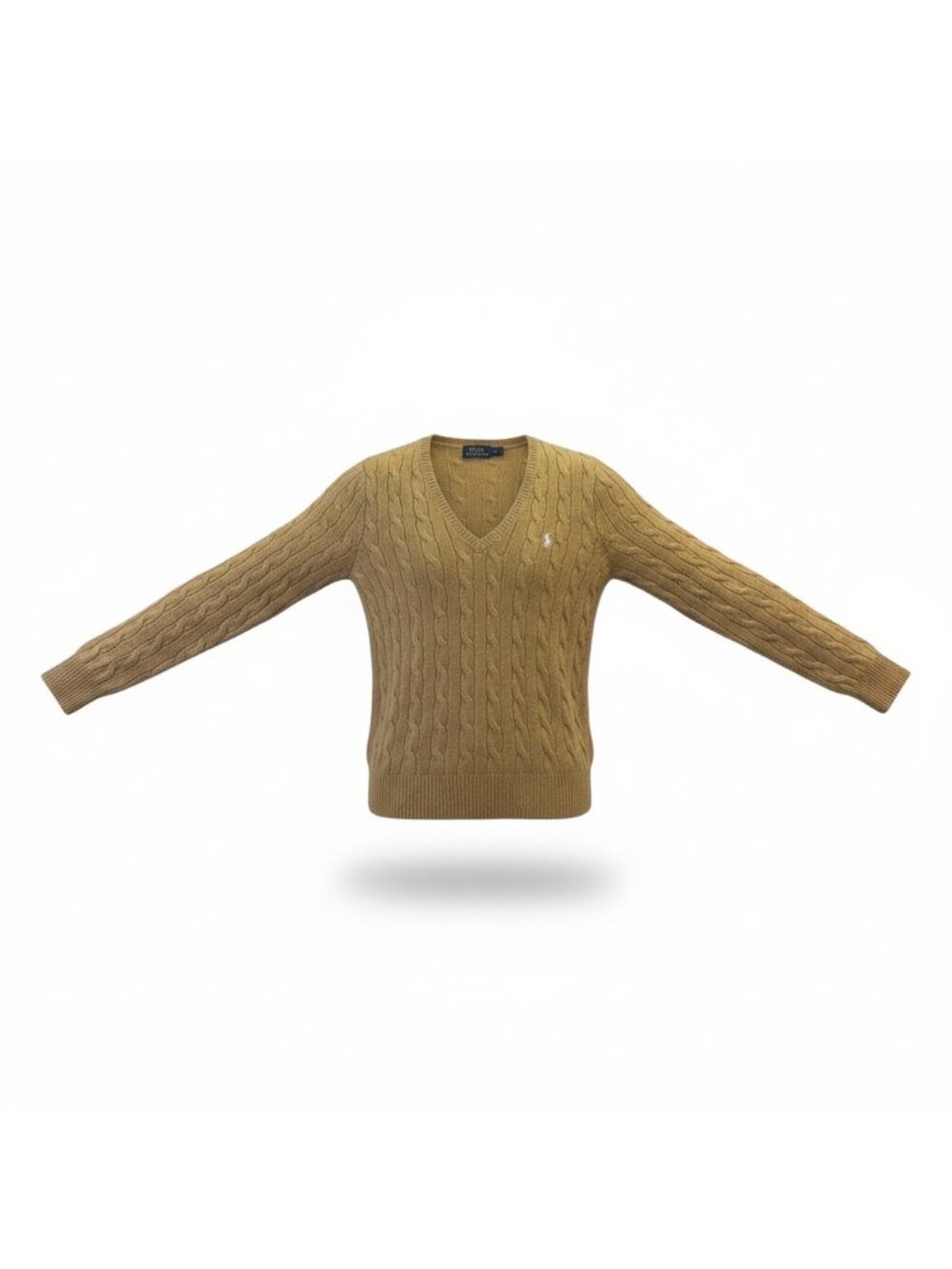 Polo Ralph Lauren Womens Tan Wool Cable Knit V-Neck Sweater Classic Style Size M